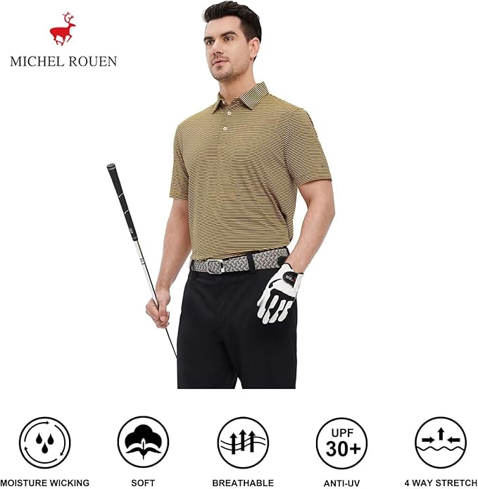 Mens Golf Shirt Moisture Wicking Dry Fit Performance Sport Short Sleeve Striped Golf Polo Shirts for Men