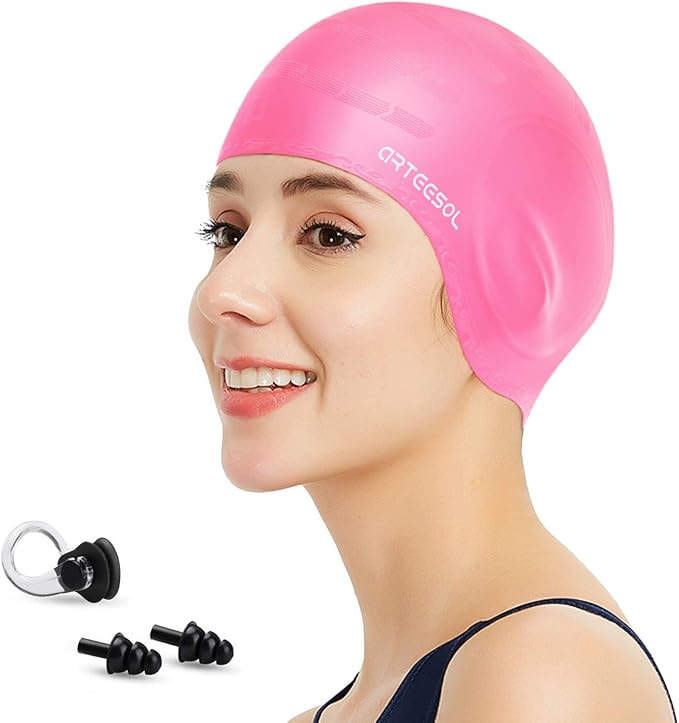 Swimming Cap, Silicone Swim Cap for Women Men, Durable Non-Slip Waterproof Swim Cap Protect Ears, Long Hair for Adults, Older Kids
