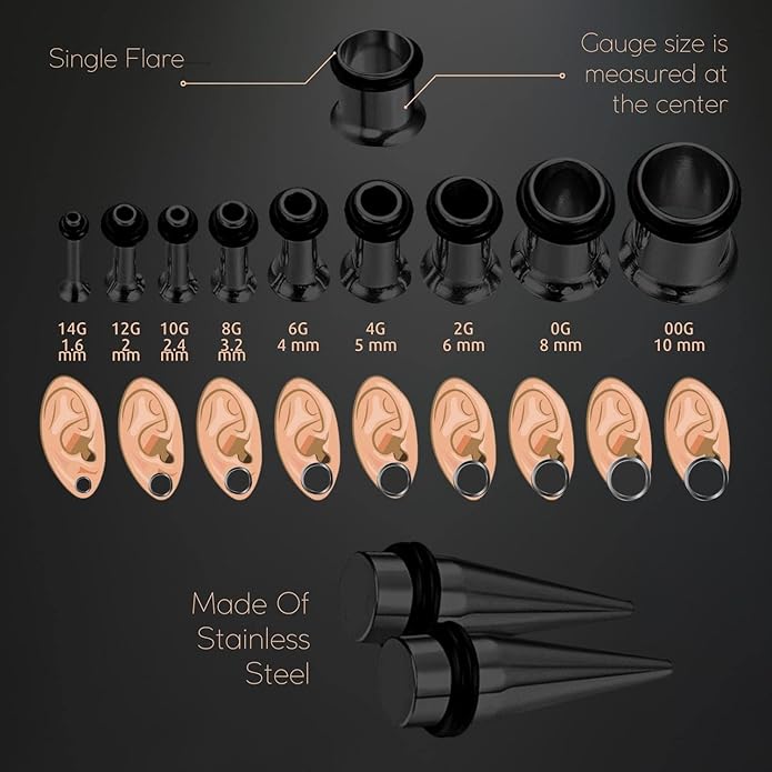 BodyJ4You 37PC Ear Stretching Kit - Beginner Gauges 14G-00G Starter Set - Aftercare Balm Wax - Steel Tapers Single Flare Plugs Screw Fit Tunnels - Women Eyelet Mens Earrings Expander Piercing Jewelry