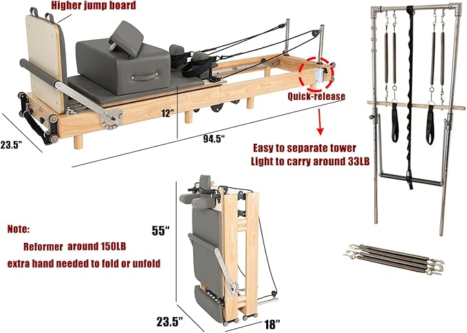 Pilates Reformer Machine, Wood Foldable Pilates Machine Equipment for Home Workout