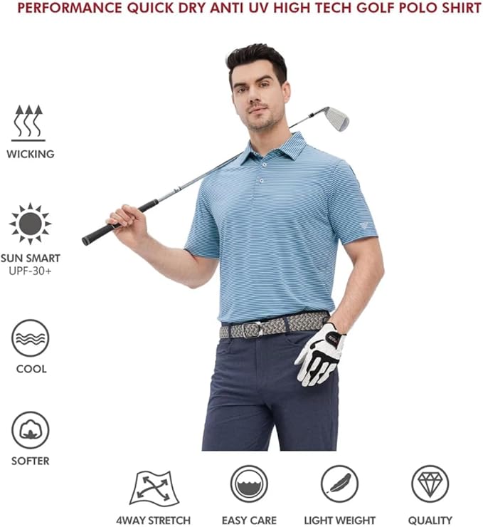 Men's Golf Polo Shirts Short Sleeve Striped Performance Moisture Wicking Dry Fit Golf Shirts for Men