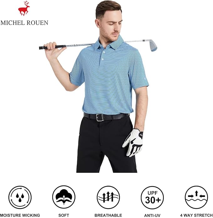 Mens Golf Shirt Moisture Wicking Dry Fit Performance Sport Short Sleeve Striped Golf Polo Shirts for Men