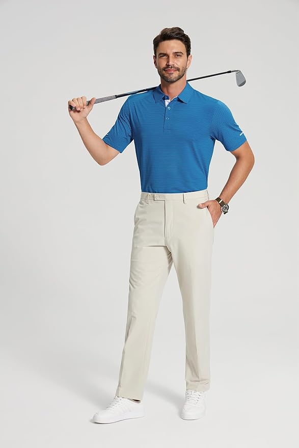 Golf Shirts for Men - Moisture Wicking Short Sleeve Performance Sport Casual Striped Collared Mens Polo Shirt