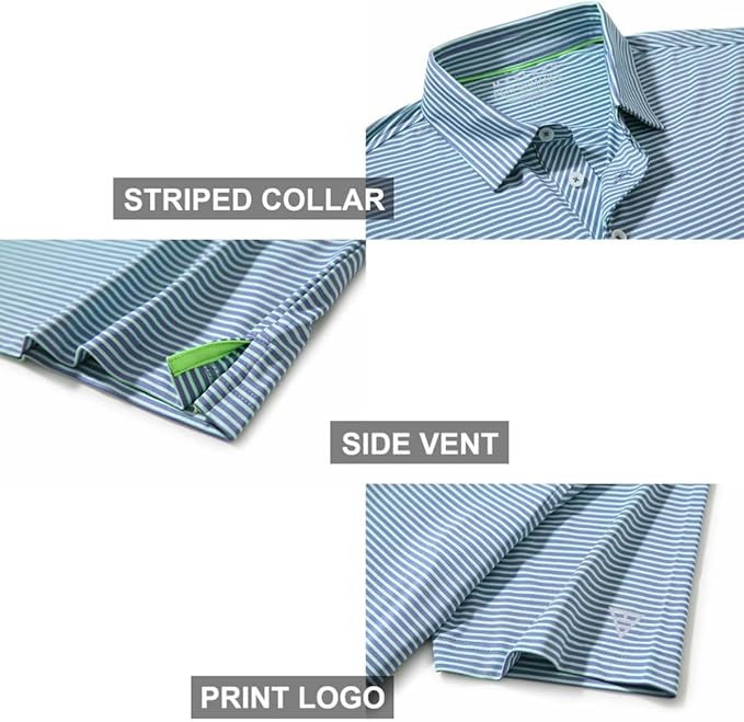 Men's Golf Polo Shirts Short Sleeve Striped Performance Moisture Wicking Dry Fit Golf Shirts for Men