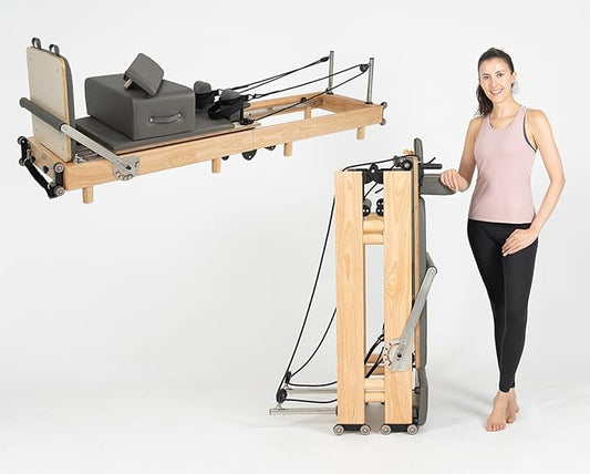 Pilates Reformer Machine, Wood Foldable Pilates Machine Equipment for Home Workout