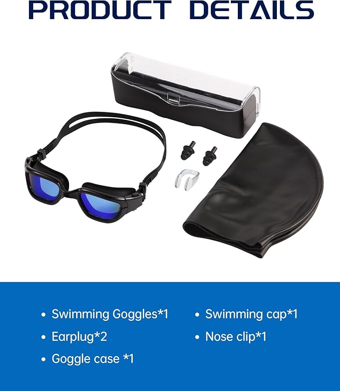 Swim Goggles, Goggles Adult with Swimming Cap, Nose Clip & Ear Plugs, UV Protection Anti-Fog Lens and Case for Adult