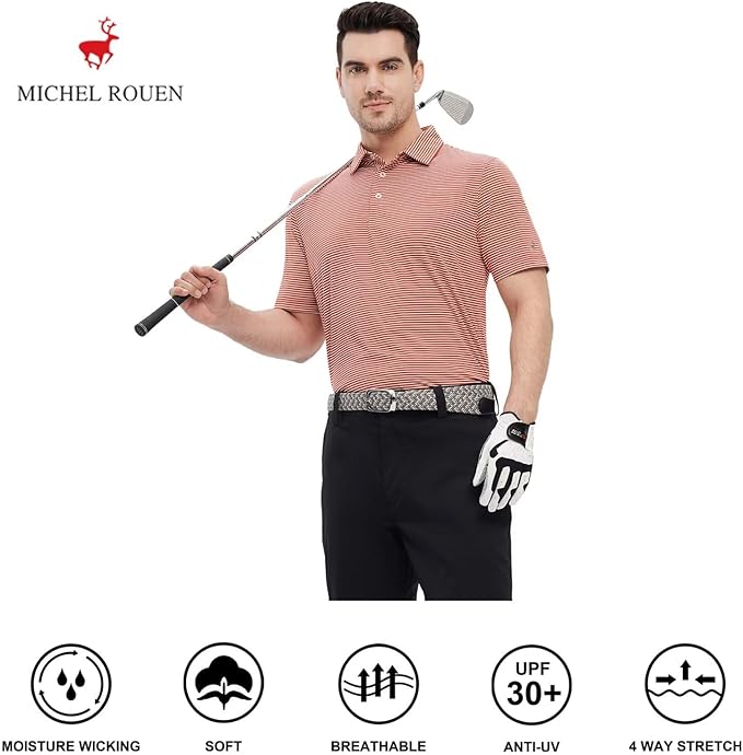 Mens Golf Shirt Moisture Wicking Dry Fit Performance Sport Short Sleeve Striped Golf Polo Shirts for Men