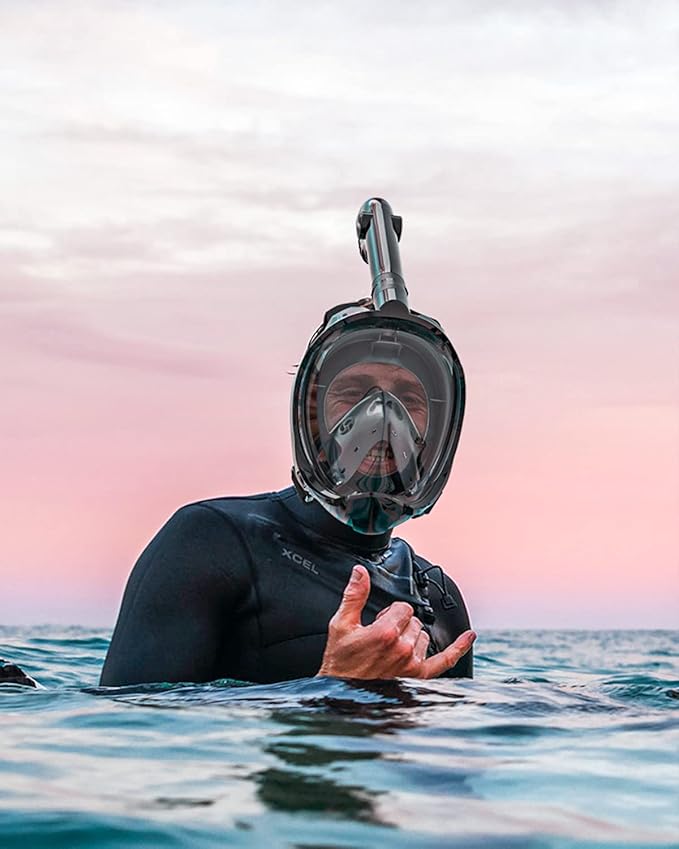 QingSong Full Face Snorkel Mask for Adults, Snorkeling Gear with Camera Mount, 180 Degree Panoramic View Snorkel Set Anti-Fog Anti-Leak