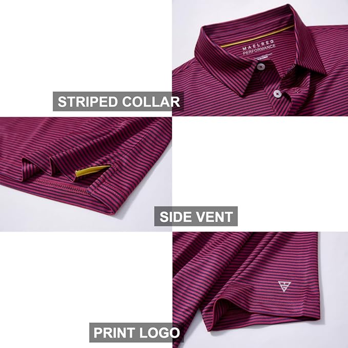 Men's Golf Polo Shirts Short Sleeve Striped Performance Moisture Wicking Dry Fit Golf Shirts for Men
