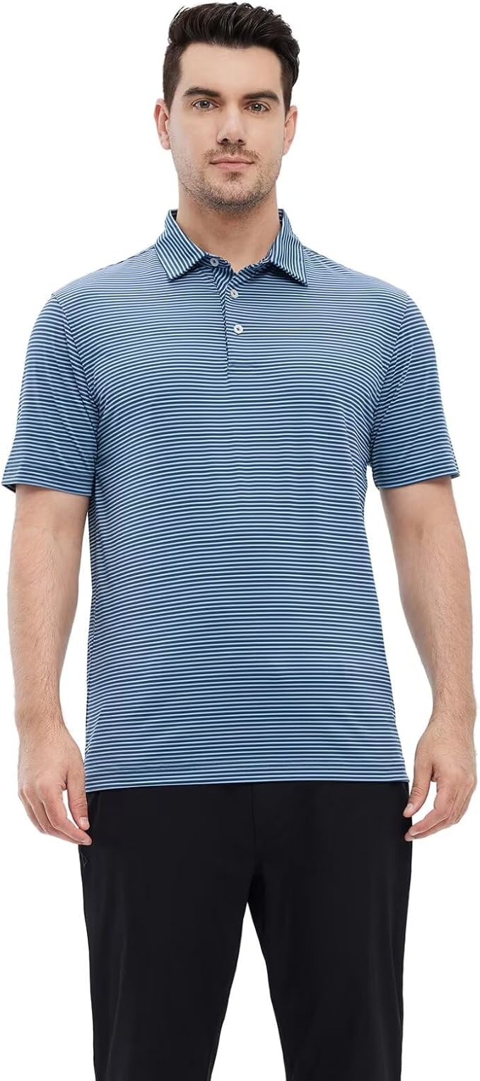 Mens Golf Shirt Moisture Wicking Dry Fit Performance Sport Short Sleeve Striped Golf Polo Shirts for Men