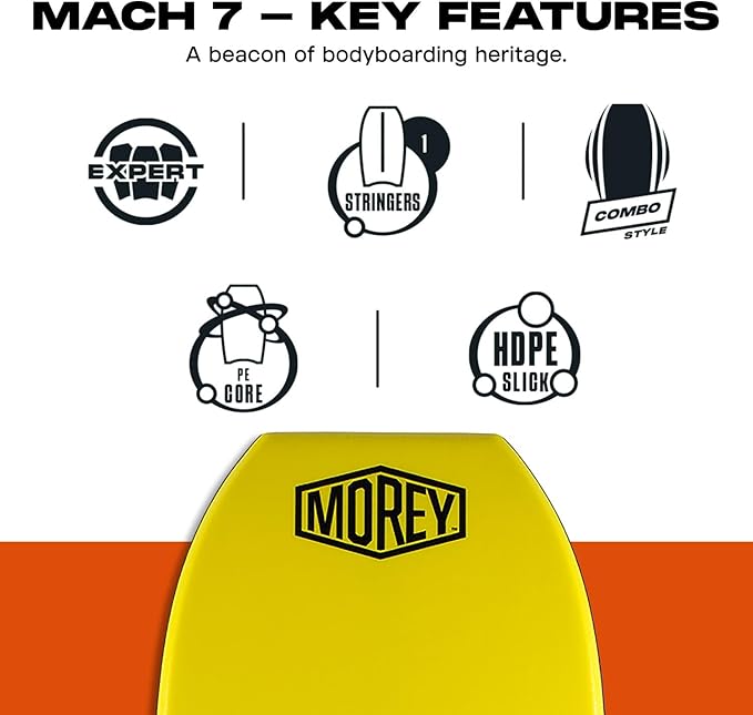 MOREY® Mach 7, Pro Bodyboard; Body Boards for Beach, Embedded Rod for Durability, Engineered with HDPE Slick Bottom for Speed (2025 Model)