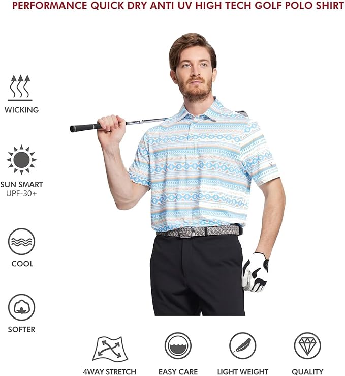 Men's Golf Polo Shirts Short Sleeve Striped Performance Moisture Wicking Dry Fit Golf Shirts for Men
