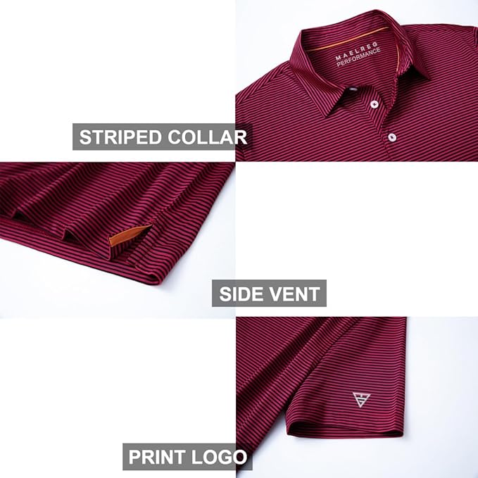 Men's Golf Polo Shirts Short Sleeve Striped Performance Moisture Wicking Dry Fit Golf Shirts for Men