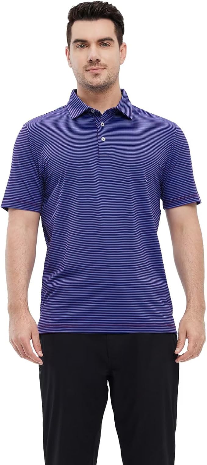 Mens Golf Shirt Moisture Wicking Dry Fit Performance Sport Short Sleeve Striped Golf Polo Shirts for Men