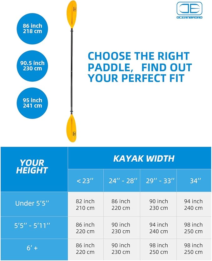 OCEANBROAD Kayak Paddle 86in/218cm, 90.5in/230cm, 95in/241cm Alloy Shaft Kayaking Boating Canoeing Oar with Paddle Leash