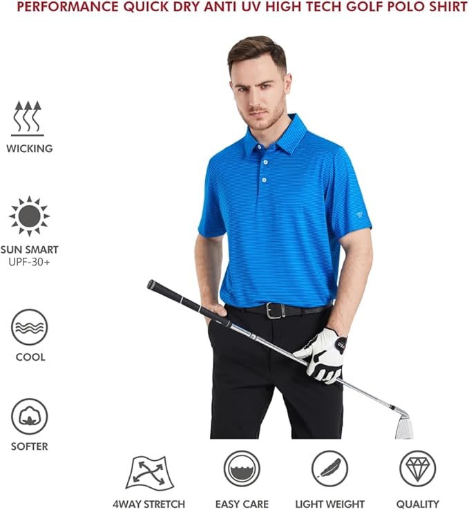 Men's Golf Polo Shirts Short Sleeve Striped Performance Moisture Wicking Dry Fit Golf Shirts for Men