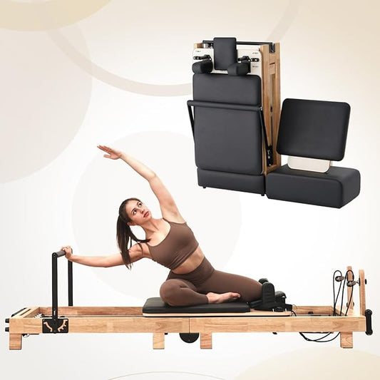 Pilates Reformer, PAETA Wooden Foldable Pilates Reformer Machine with Springs, Pilates Machines for Home Use and Studio, Pilates Equipment with Sitting Box, Jump Board and Accessories