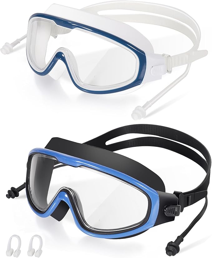 Adult Swimming Goggles,Leak-Proof,Anti-Fog Pool Glasses,Wide View Swim Goggles with Ear Plugs and Nose Clip