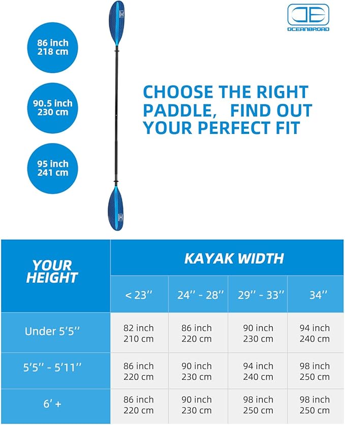 OCEANBROAD Kayak Paddle 86in/218cm, 90.5in/230cm, 95in/241cm Alloy Shaft Kayaking Boating Canoeing Oar with Paddle Leash