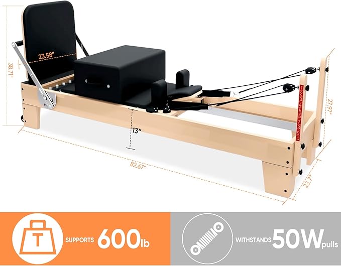 Professional Pilates Reformer Machine with Jumpboard, Reformer Box & Foot Straps – Studio-Grade Wood Frame Equipment for Home Workouts, Adjustable Resistance & Smooth Glide System