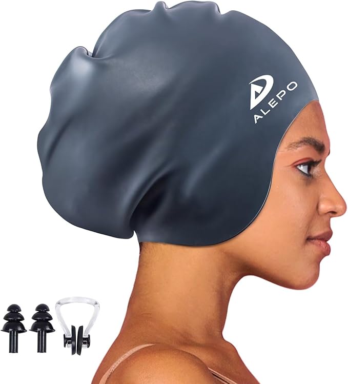 Alepo Extra Large Swim Cap for Women Men, Durable Silicone Swimming Hat with Ear Protection, Unisex Adults Bath Swimming Caps for Long Thick Curly Hair & Dreadlocks Braids Weaves Afro Hair