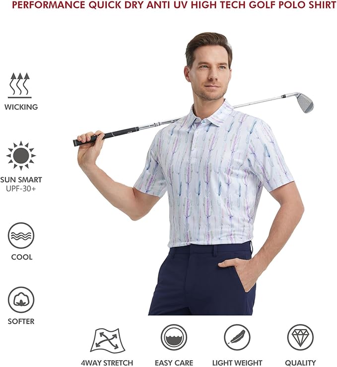 Men's Golf Polo Shirts Short Sleeve Striped Performance Moisture Wicking Dry Fit Golf Shirts for Men