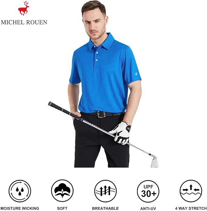 Mens Golf Shirt Moisture Wicking Dry Fit Performance Sport Short Sleeve Striped Golf Polo Shirts for Men