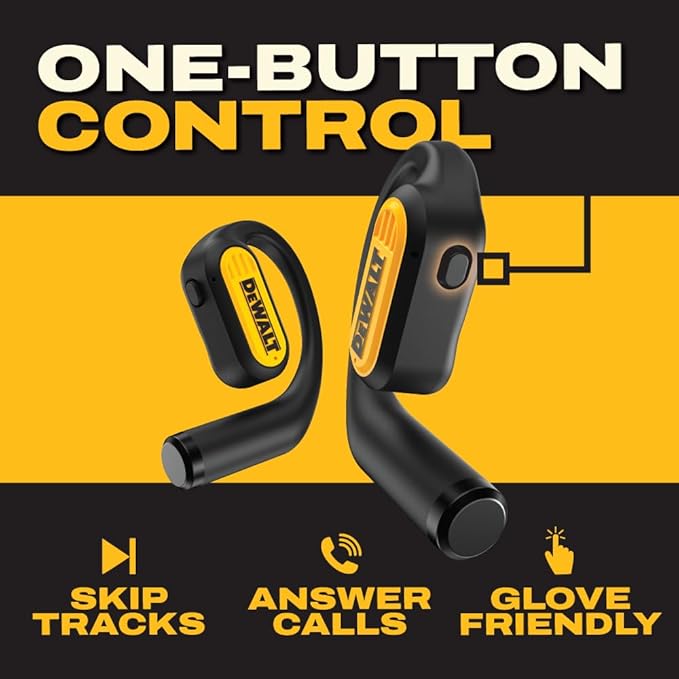 DEWALT Heavy Duty Open Ear Headphones, Bluetooth 5.3 Wireless Earbuds with 44Hrs Runtime, Jobsite Premium Sound True Wireless Air Conduction Open Ear Earbuds with Earhooks for Worksites and Workouts
