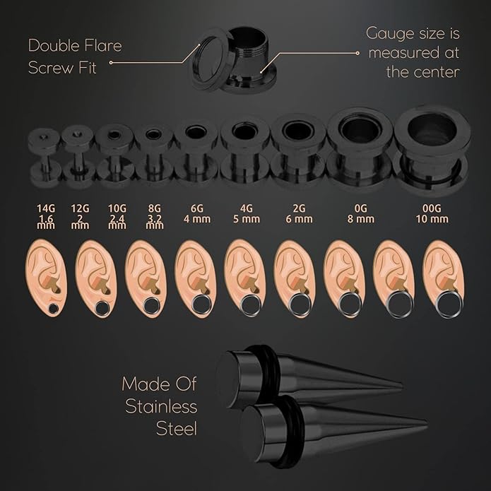 BodyJ4You 37PC Ear Stretching Kit - Beginner Gauges 14G-00G Starter Set - Aftercare Balm Wax - Steel Tapers Single Flare Plugs Screw Fit Tunnels - Women Eyelet Mens Earrings Expander Piercing Jewelry