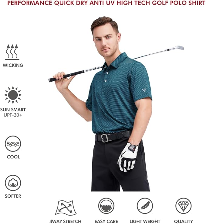 Men's Golf Polo Shirts Short Sleeve Striped Performance Moisture Wicking Dry Fit Golf Shirts for Men