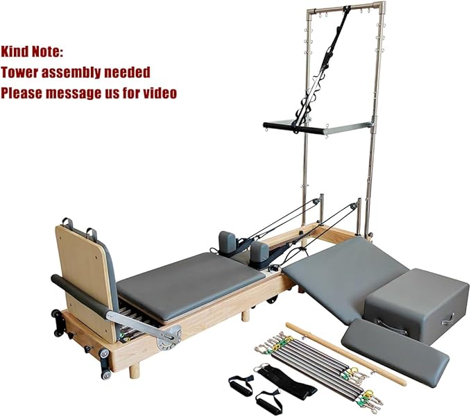 Pilates Reformer Machine, Wood Foldable Pilates Machine Equipment for Home Workout