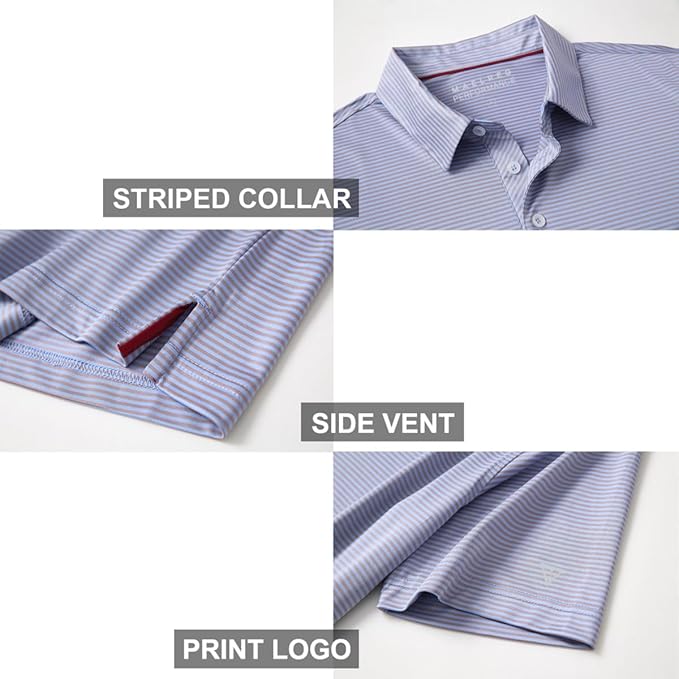 Men's Golf Polo Shirts Short Sleeve Striped Performance Moisture Wicking Dry Fit Golf Shirts for Men