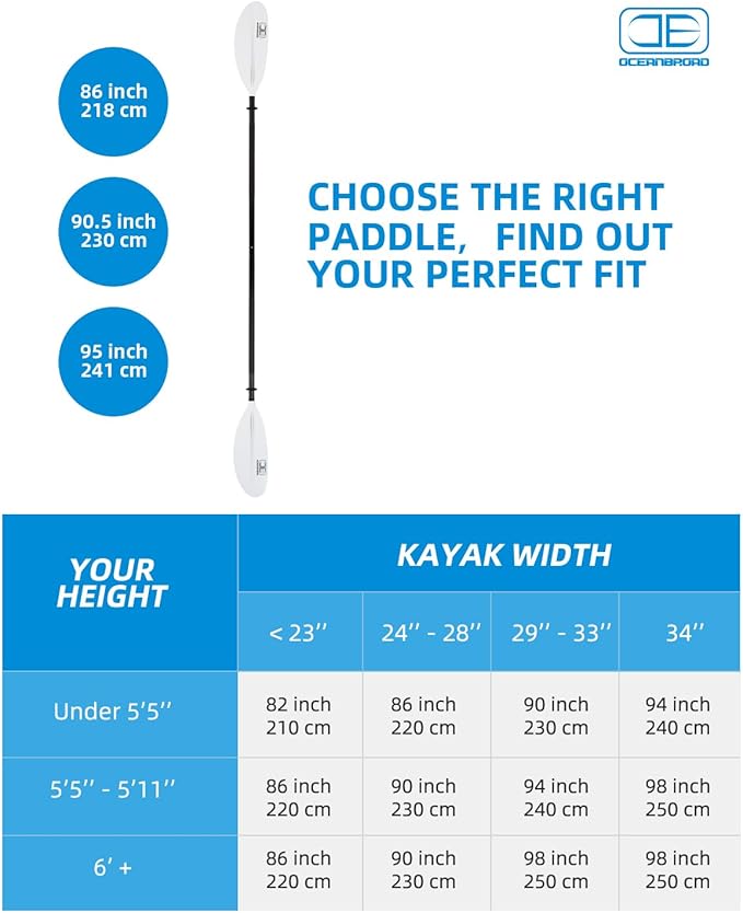 OCEANBROAD Kayak Paddle 86in/218cm, 90.5in/230cm, 95in/241cm Alloy Shaft Kayaking Boating Canoeing Oar with Paddle Leash