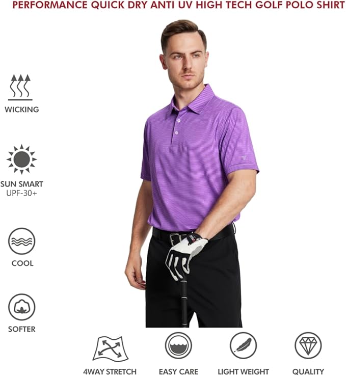 Men's Golf Polo Shirts Short Sleeve Striped Performance Moisture Wicking Dry Fit Golf Shirts for Men