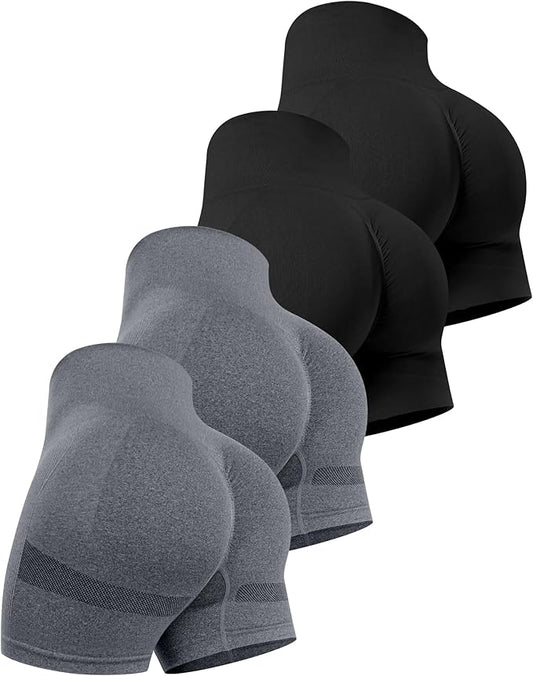 CHRLEISURE Women's 4 Packs Workout Gym Shorts, High Waisted Butt Lifting Scrunch Butt Seamless Booty Shorts