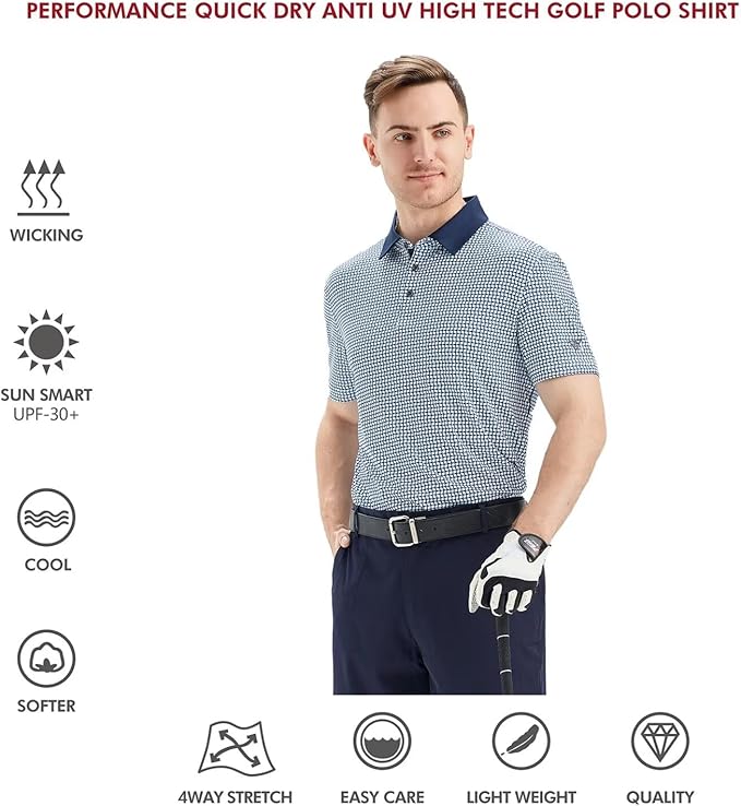 Men's Golf Polo Shirts Short Sleeve Striped Performance Moisture Wicking Dry Fit Golf Shirts for Men