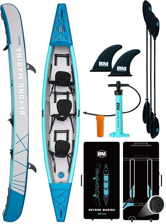 BEYOND MARINA Inflatable Kayak 1 & 2 & 3 Person Adult- Full Drop Stitch Kayak with Aluminum Paddles, Seats, Footrests, Pump, Fins