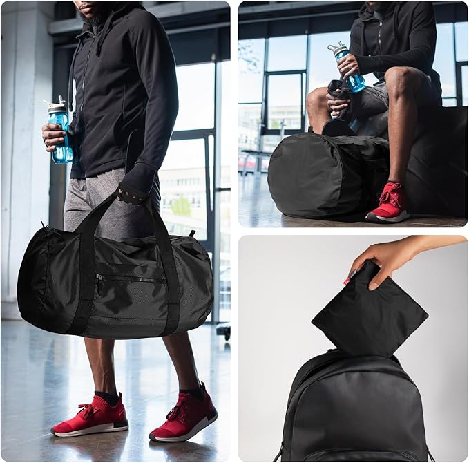 pack all Lightweight Travel Duffel Bag, Water-Resistant Sports Gym Bag, 32L Foldable Weekender Bag for Fitness, Hiking and Camping (Black)