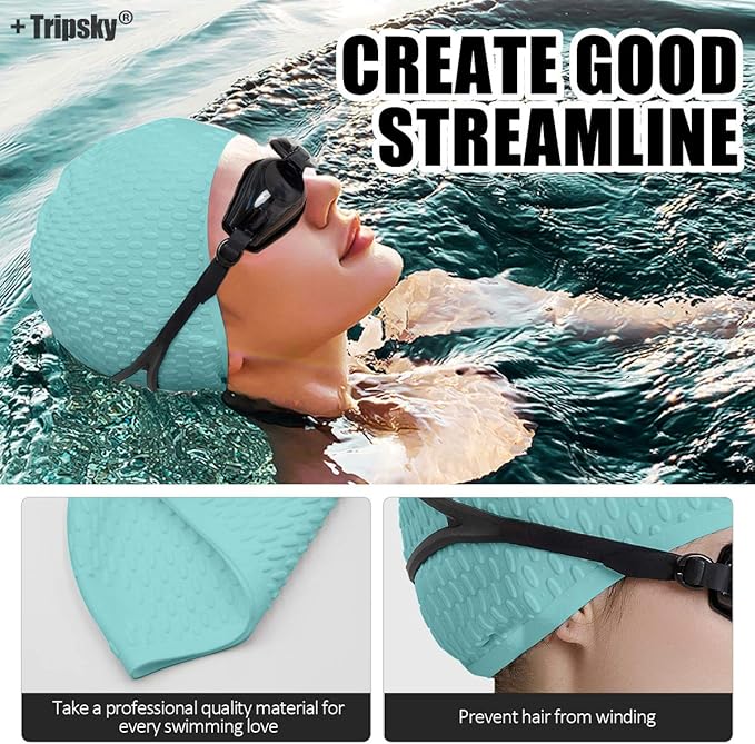 Tripsky Silicone Swim Cap,Comfortable Bathing Cap Ideal for Curly Short Medium Long Hair, Swimming Cap for Women and Men, Shower Caps Keep Hairstyle Unchanged…