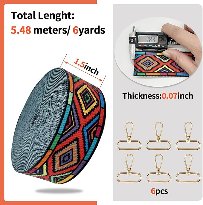 Printed Nylon Webbing 1 1/2 inch 6 Yards Colorful Squares Thick Patterned Fabric Webbing Luggage Handle Jacquard Ribbon for Backpack Bags-Seatbelt-Clothing-Sewing-DIY Crafts & Projects Supplies