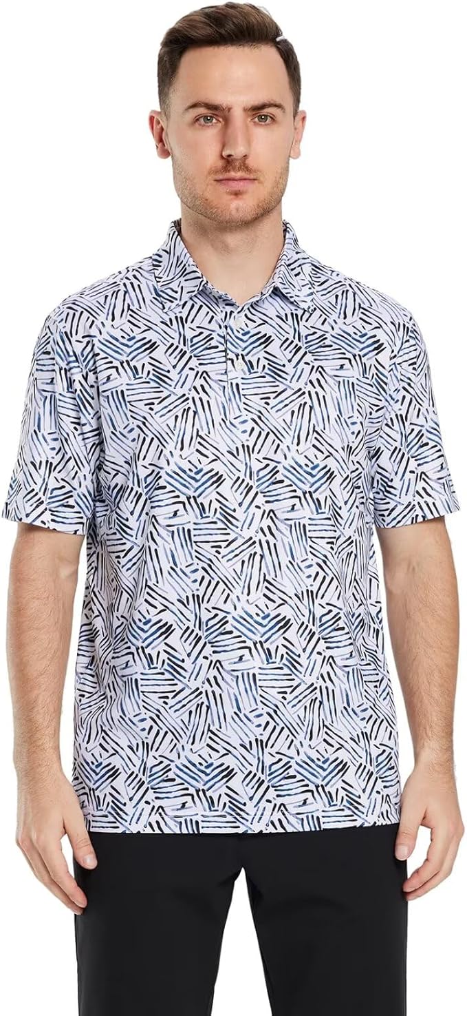 Men's Golf Polo Shirts Short Sleeve Striped Performance Moisture Wicking Dry Fit Golf Shirts for Men