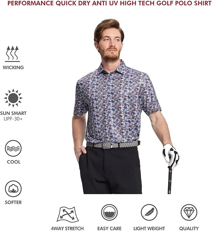 Men's Golf Polo Shirts Short Sleeve Striped Performance Moisture Wicking Dry Fit Golf Shirts for Men