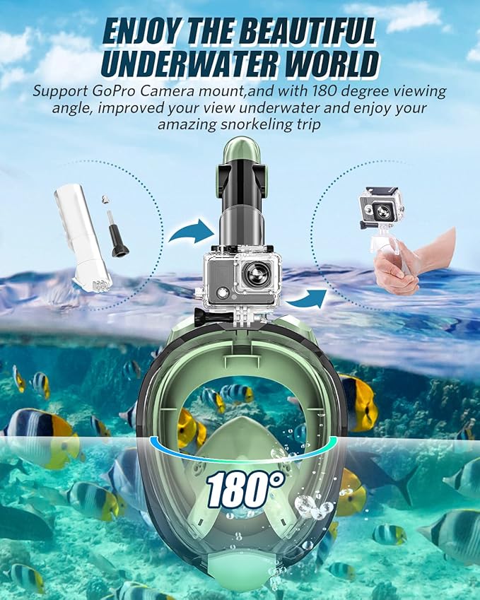 QingSong Full Face Snorkel Mask for Adults, Snorkeling Gear with Camera Mount, 180 Degree Panoramic View Snorkel Set Anti-Fog Anti-Leak