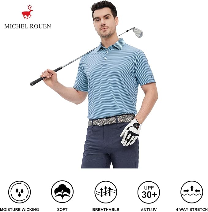 Mens Golf Shirt Moisture Wicking Dry Fit Performance Sport Short Sleeve Striped Golf Polo Shirts for Men