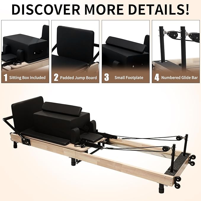 Pilates Reformer with Adjustable Height, Wooden Foldable Pilates Reformer Machine, Pilates Machine for Home Use and Studio, Pilates Equipment with Sitting Box, Jump Board and Accessories