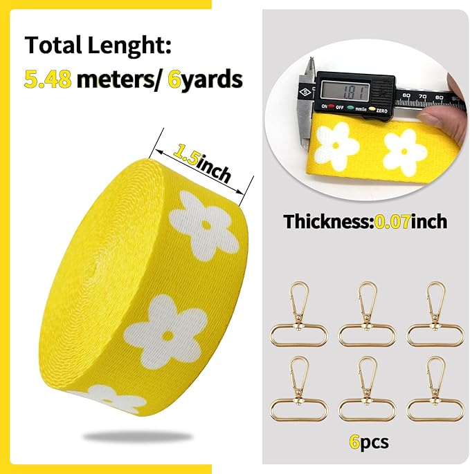 Printed Flower Nylon Webbing with Buckle 1 1/2 inch 6 Yards Yellow Heavy Duty Patterned Fabric Webbing Luggage Handle Jacquard Ribbon for Backpack Bags-Decorative Supplies-Clothing-Sewing-DIY Crafts