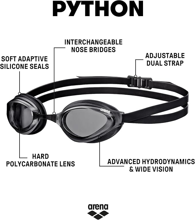 ARENA Unisex Python Racing Swim Goggles for Men and Women Anti-Fog No Leak Max Comfort Dual Strap, Mirror/Non-Mirror Lens