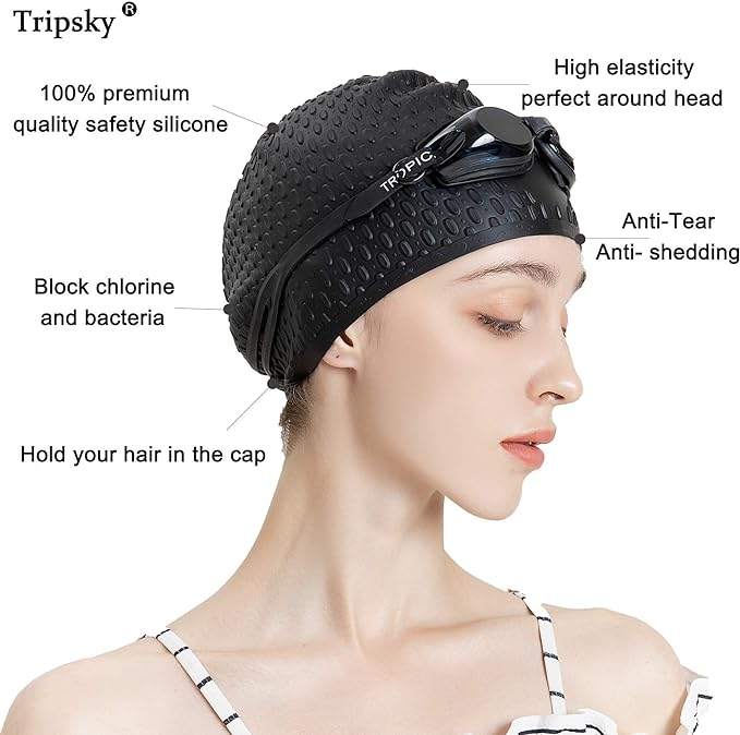 Tripsky Silicone Swim Cap,Comfortable Bathing Cap Ideal for Curly Short Medium Long Hair, Swimming Cap for Women and Men, Shower Caps Keep Hairstyle Unchanged…