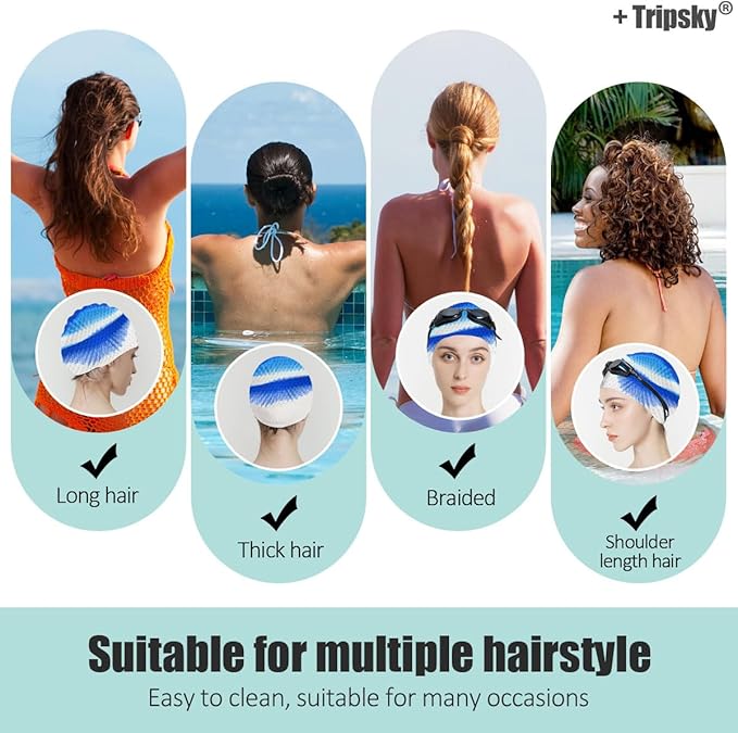 Tripsky Silicone Swim Cap,Comfortable Bathing Cap Ideal for Curly Short Medium Long Hair, Swimming Cap for Women and Men, Shower Caps Keep Hairstyle Unchanged…