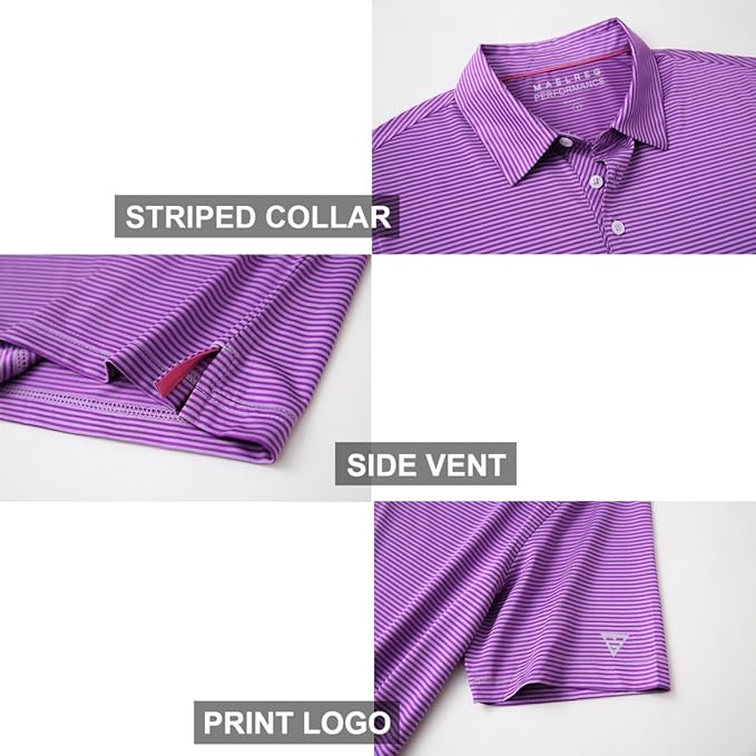 Men's Golf Polo Shirts Short Sleeve Striped Performance Moisture Wicking Dry Fit Golf Shirts for Men